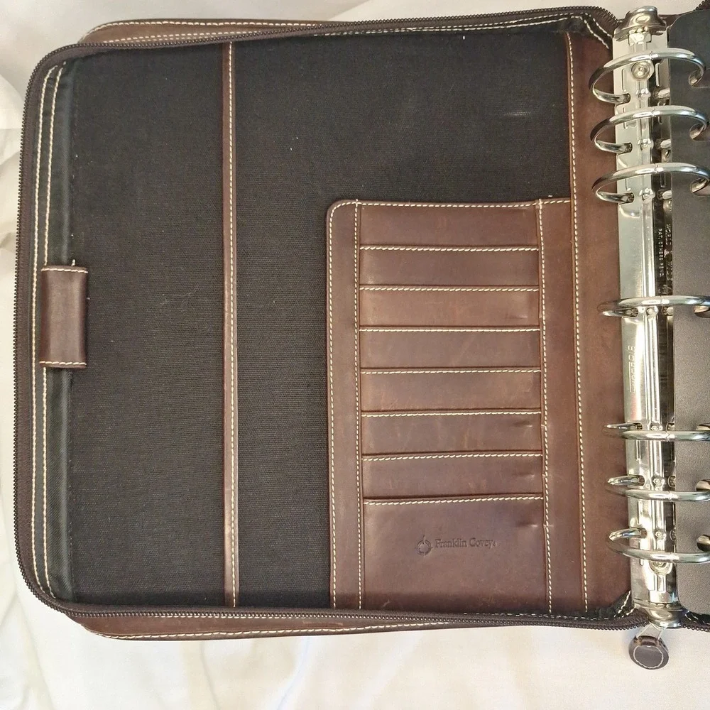 Franklin Covey 7 Ring Brown‎ Leather Carry Handle Full Zip Briefcase Binder 3744